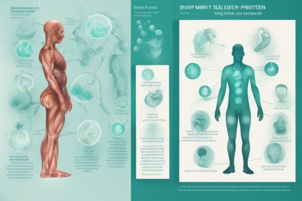 Illustrazione digitale moderna con tema principale in teal che mostra quattro malattie causate da carenza di proteine e i loro sintomi evidenziati su un diagramma del corpo umano.