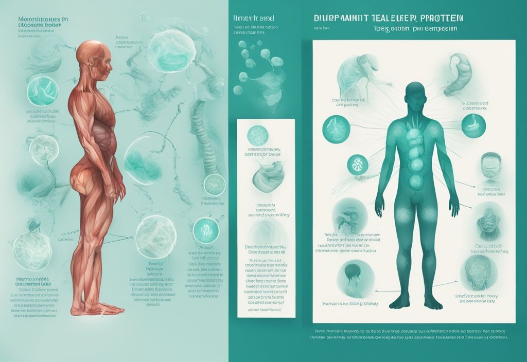 Illustrazione digitale moderna con tema principale in teal che mostra quattro malattie causate da carenza di proteine e i loro sintomi evidenziati su un diagramma del corpo umano.