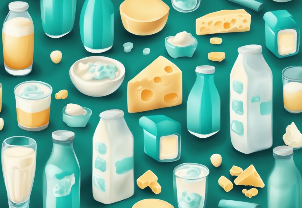 Illustrazione digitale moderna con tema principale color teal, raffigurante vari prodotti lattiero-caseari come latte, formaggio e yogurt, con molecole di proteine evidenziate per simboleggiare il loro ricco contenuto proteico. Proteine del latte dove si trovano.