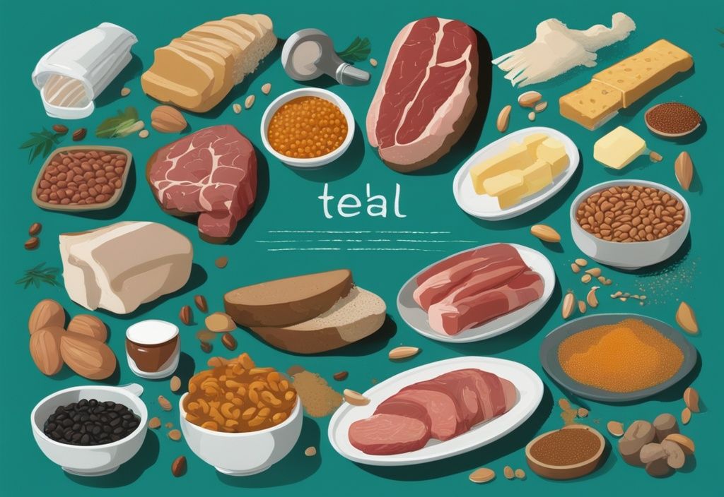 Illustrazione digitale moderna con tema colore teal, che mostra vari alimenti come carne, fagioli, pane, pasta, noci, burro e olio, etichettati con i nutrienti corrispondenti: proteine, carboidrati e grassi.