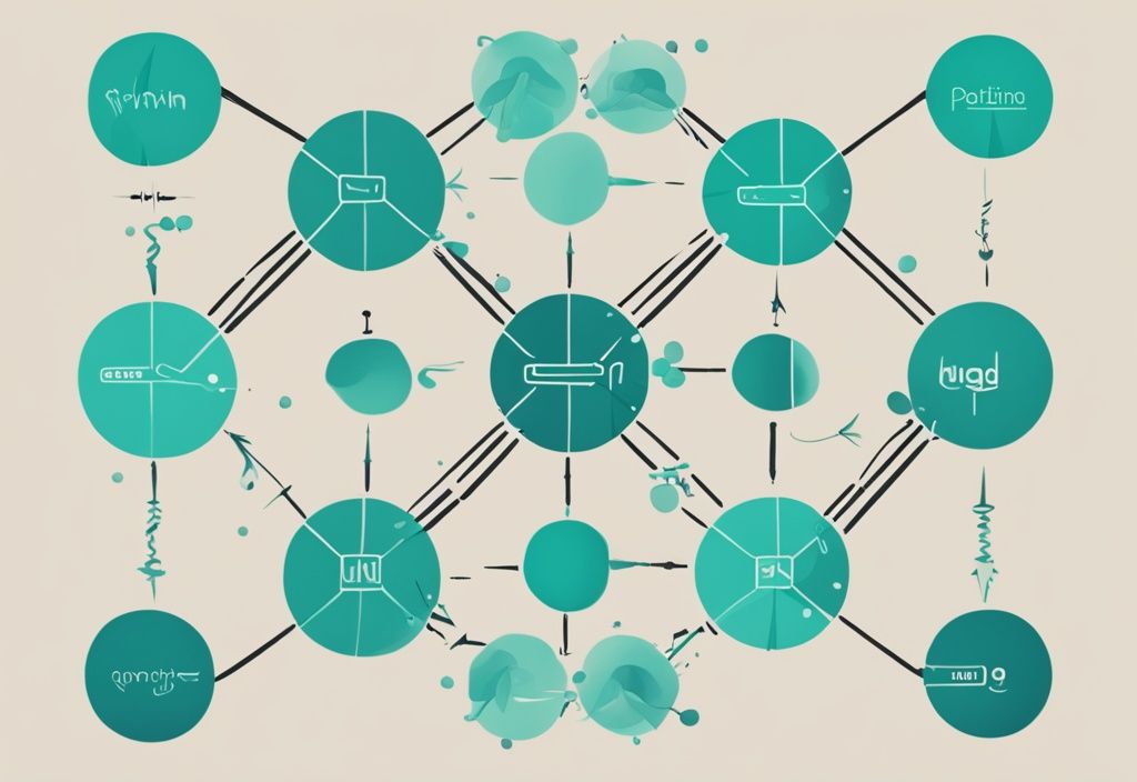 Illustrazione moderna di un grafico digitale che mostra come gli aminoacidi essenziali quante proteine corrispondono, con frecce che collegano gli aminoacidi ai loro rispettivi proteine, tema principale color teal.