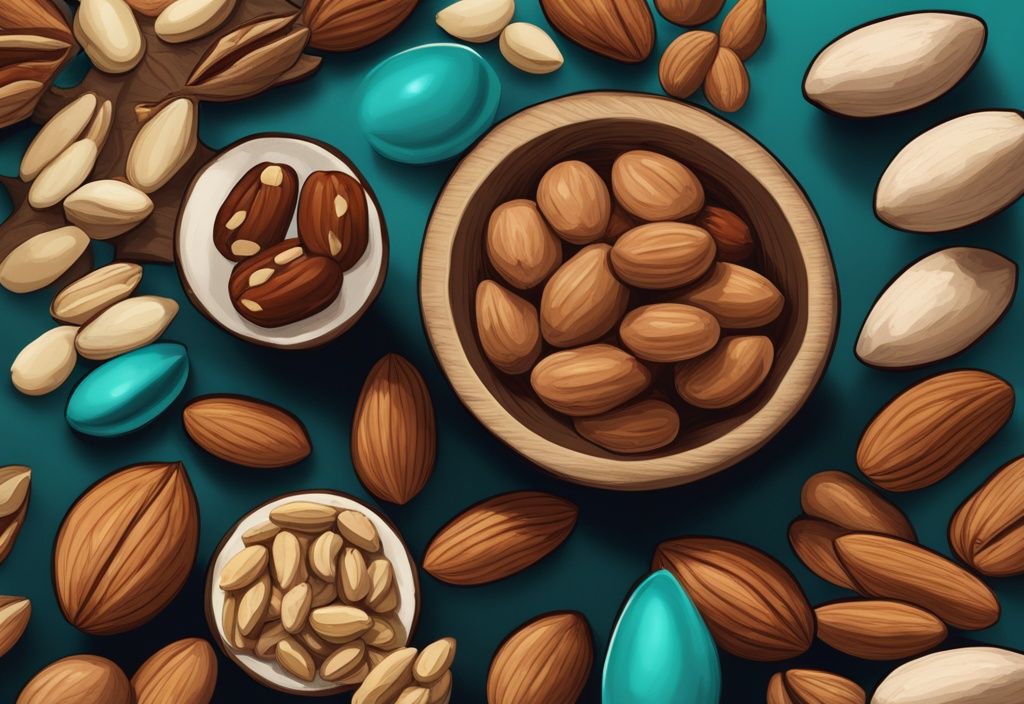 Illustrazione digitale moderna con frutta secca con più proteine come mandorle, pistacchi e noci su un elegante tavolo di legno, con tema principale color teal.