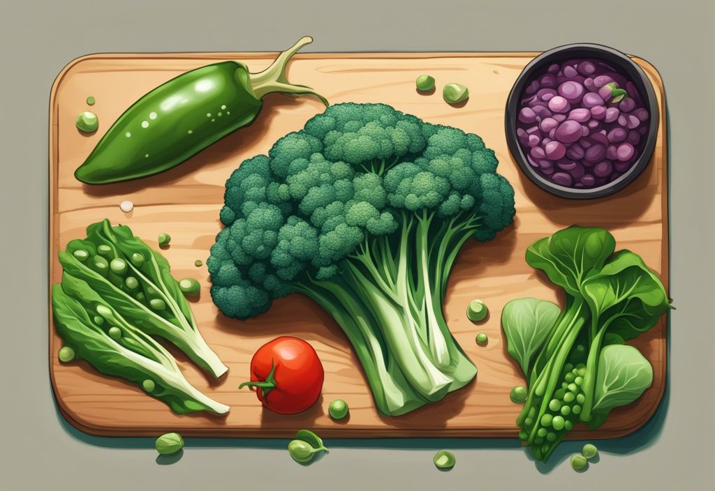 Illustrazione digitale moderna con tema principale color teal, che mostra un assortimento di verdure ricche di proteine come spinaci, broccoli e piselli, disposte ordinatamente su un tagliere di legno.