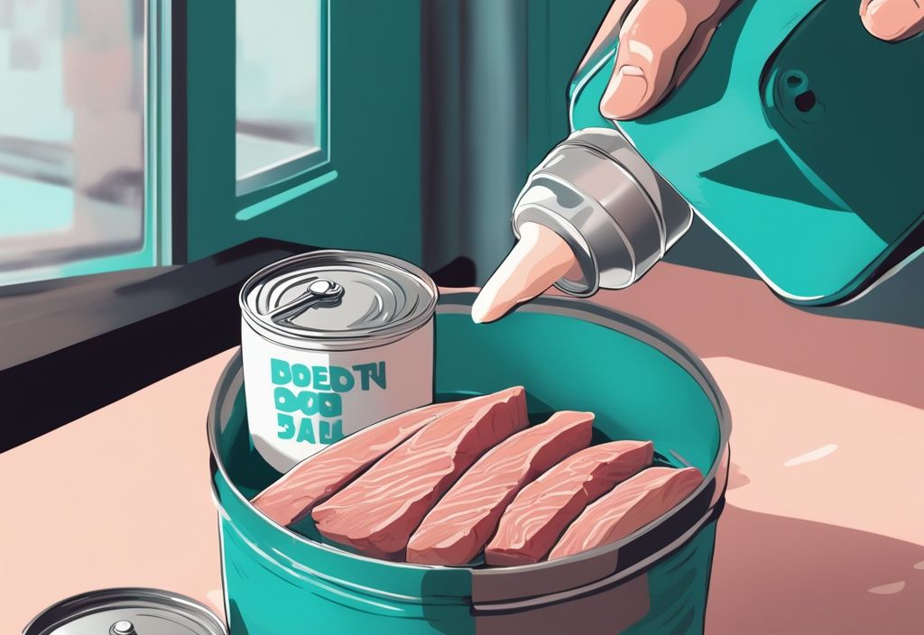 Illustrazione digitale moderna con tema principale color teal: scatola di tonno aperta che rivela il contenuto, accanto a un frullato proteico e una mano che tiene un bilanciere, enfatizzando l'aspetto ricco di proteine tonno in scatola.