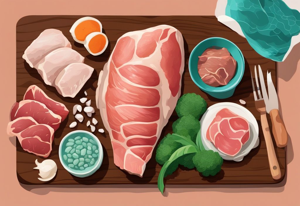 Illustrazione digitale moderna di carne con più proteine, come pollo magro, bistecca e pesce, su un tagliere, con tema colore teal.