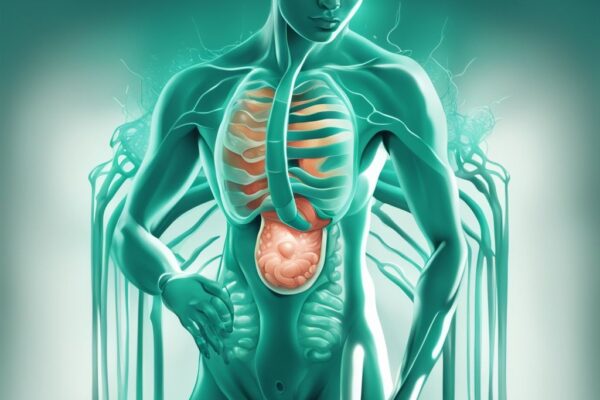 Illustrazione digitale moderna del corpo umano con enfasi sullo stomaco e rappresentazioni simboliche delle proteine che si scompongono in aminoacidi, tema principale colore teal, digestione delle proteine.