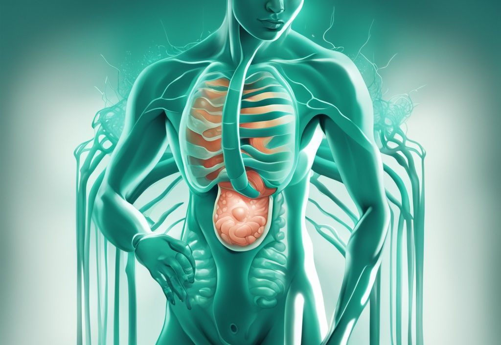 Illustrazione digitale moderna del corpo umano con enfasi sullo stomaco e rappresentazioni simboliche delle proteine che si scompongono in aminoacidi, tema principale colore teal, digestione delle proteine.