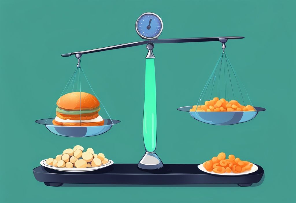 Illustrazione digitale moderna con bilancia che equilibra 70 kg e cibo ricco di proteine, tema colore teal.