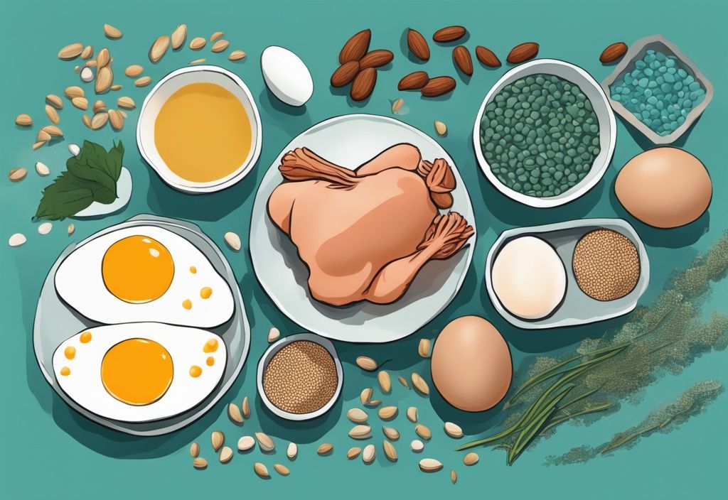 Illustrazione moderna di una tavola con fonti di proteine animali e vegetali: pollo magro, uova, quinoa, lenticchie e mandorle, con tema colore principale teal.