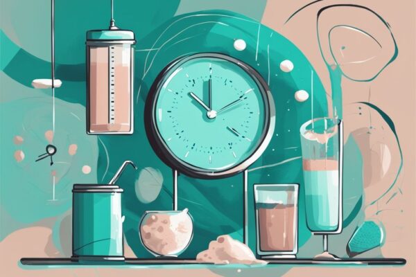 Illustrazione digitale moderna con tema colorato in teal, un orologio mostra diversi momenti della giornata per assumere proteine in polvere quando prenderle.