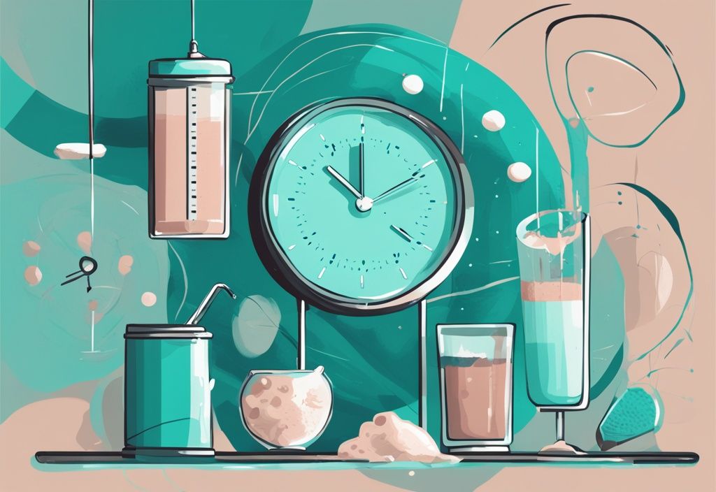 Illustrazione digitale moderna con tema colorato in teal, un orologio mostra diversi momenti della giornata per assumere proteine in polvere quando prenderle.