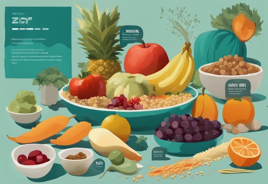 Illustrazione digitale moderna con tema principale color teal, raffigurante una varietà di frutta, verdura, cereali e cibi a basso contenuto proteico artisticamente disposti su un tavolo da pranzo con un'infografica dettagliata sul loro contenuto nutrizionale; proteine basse cosa mangiare.