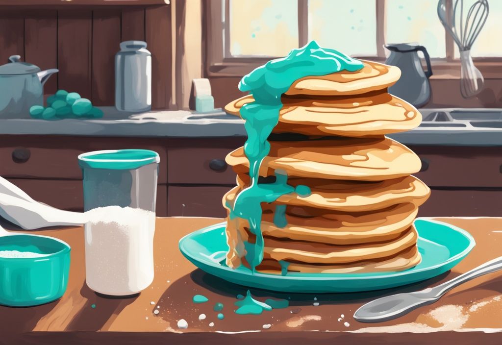 Illustrazione digitale moderna di pancake soffici con proteine, colore dominante teal, con frusta e ciotola di pastella, sfondo cucina rustica.