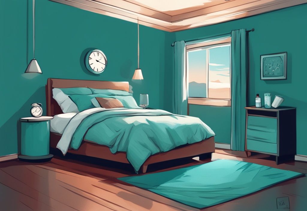 Illustrazione digitale moderna di una camera da letto tranquilla con tema principale color teal, un tavolino con un bicchiere di frullato proteico e un orologio che segna l'ora di andare a letto.