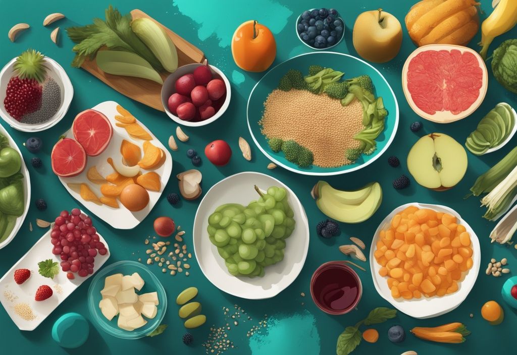 Illustrazione digitale moderna con tema principale color teal, raffigurante una varietà di frutta, verdura, cereali e cibi a basso contenuto proteico artisticamente disposti su un tavolo da pranzo con infografica nutrizionale dettagliata; proteine basse cosa mangiare.