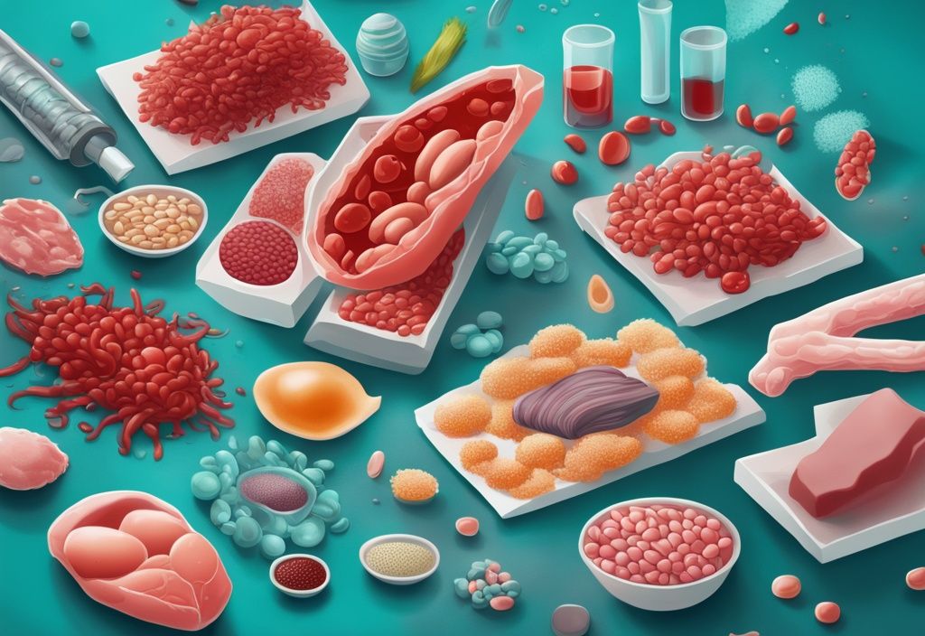 Illustrazione digitale moderna con tema principale color teal, cibi sani ad alto contenuto proteico ingranditi al microscopio per rivelare singole proteine, con globuli rossi sullo sfondo, proteine alte nel sangue.