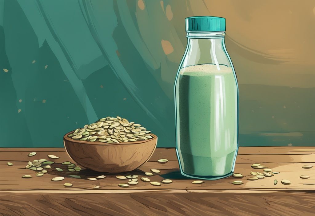 Illustrazione digitale moderna con semi di zucca proteine crudi, tostati e macinati su un tavolo rustico di legno con un frullato proteico in una bottiglia di vetro accanto.