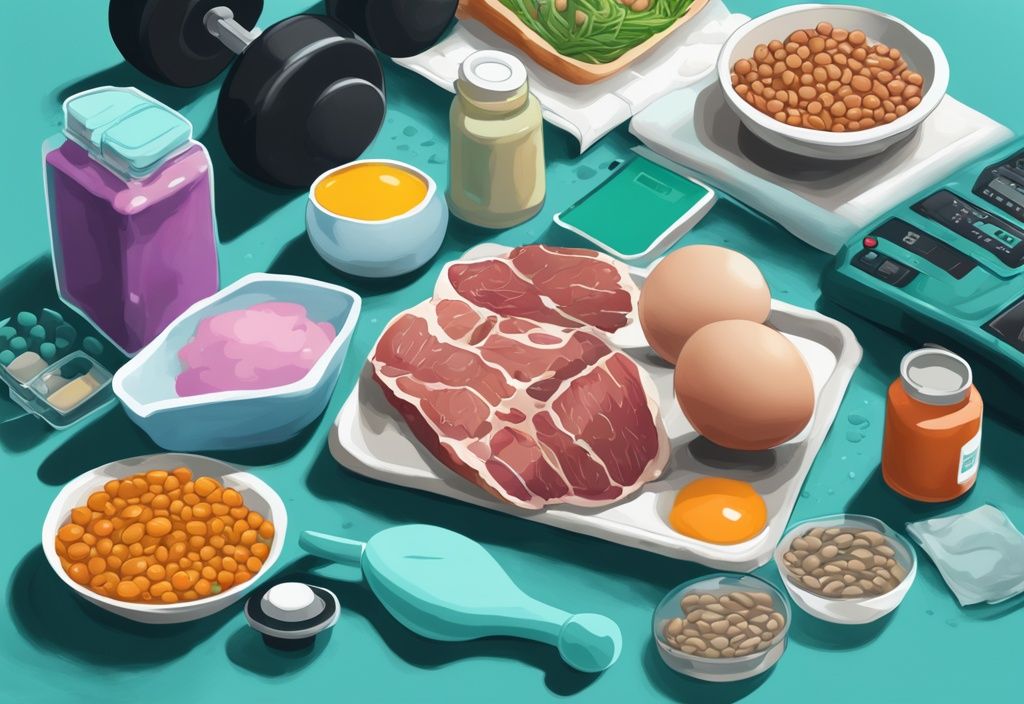 Illustrazione digitale moderna con cibo ricco di proteine come uova, carne e lenticchie, integratori di aminoacidi, pesi ed attrezzatura da palestra su una panca da ginnastica, tema colore teal.