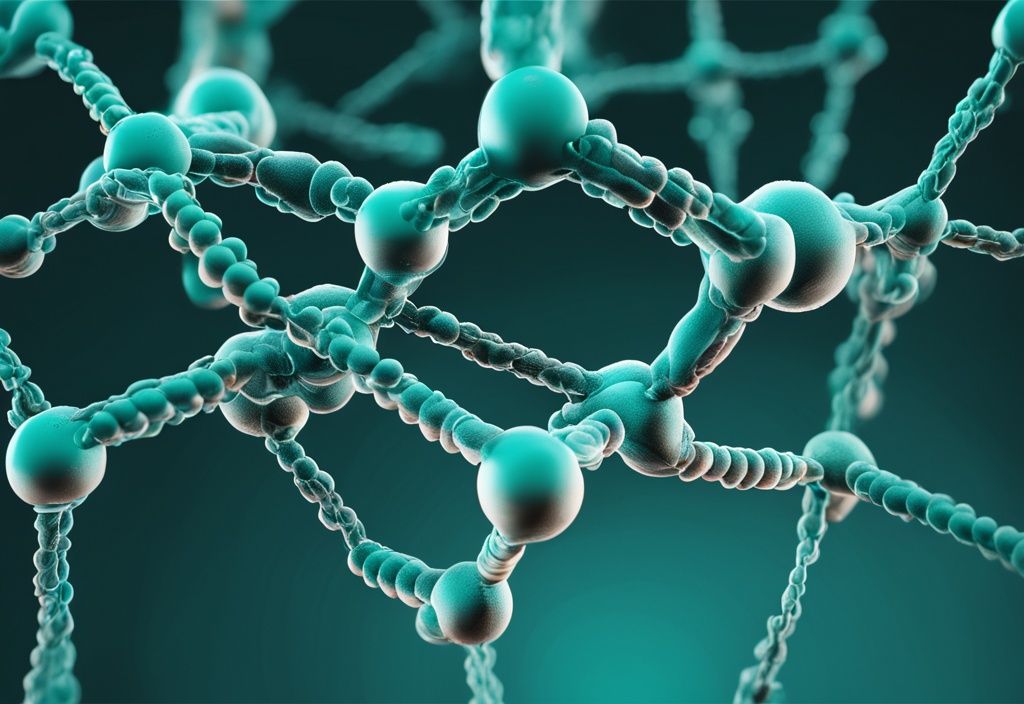 Illustrazione digitale moderna di una molecola proteica complessa in 3D, con struttura a catena di aminoacidi evidenziata, tema colore teal.