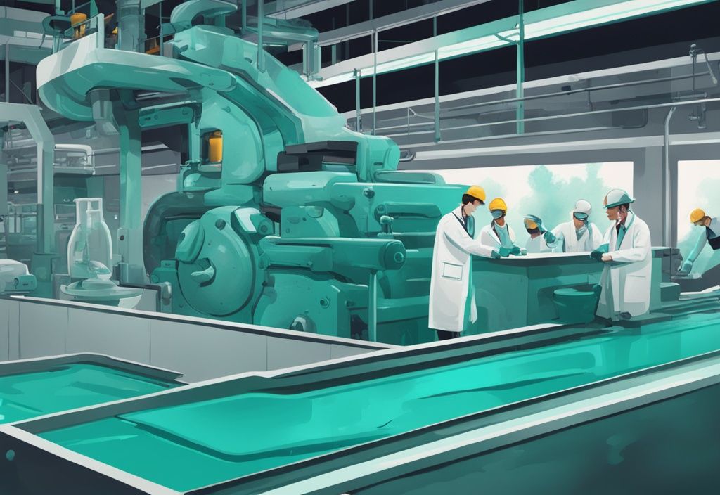 Illustrazione digitale moderna con tema colore teal, con nastro trasportatore e flusso di polvere, macchinari industriali e lavoratori in camici bianchi supervisando il processo.