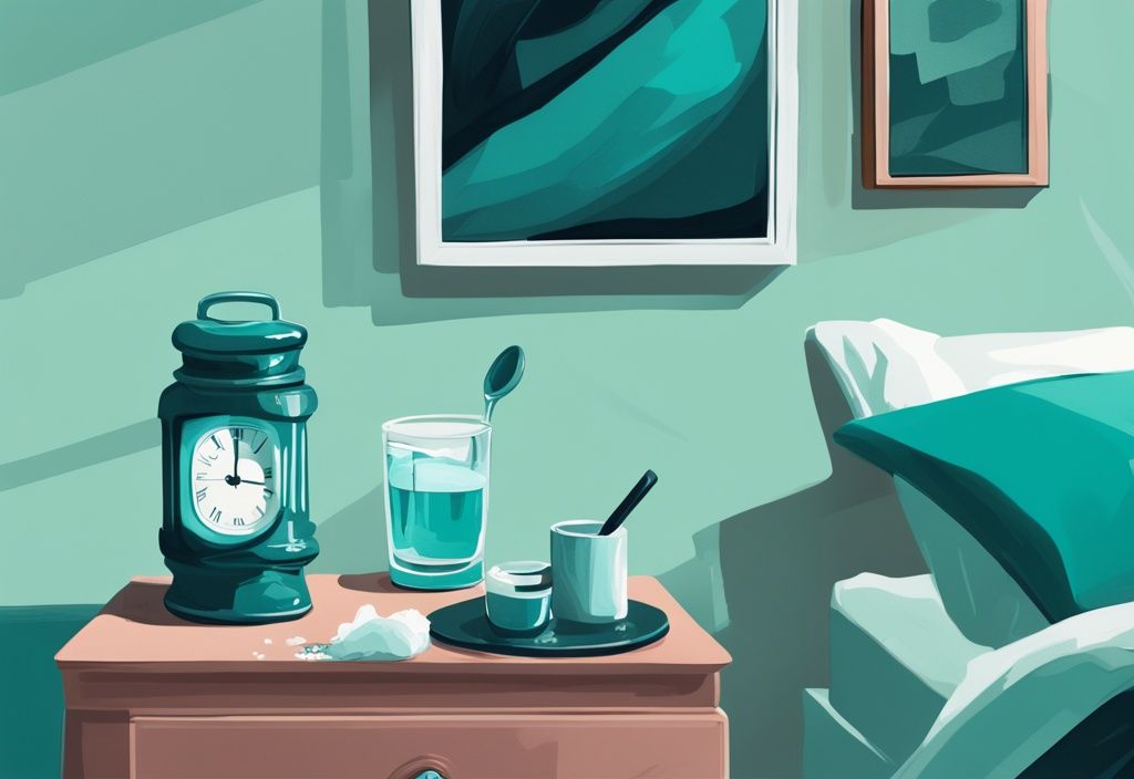 Illustrazione digitale moderna con tema principale color teal, che mostra un comodino con un bicchiere d'acqua, una porzione di proteine in polvere e un orologio che segna l'ora di andare a dormire in una stanza con luce soffusa.