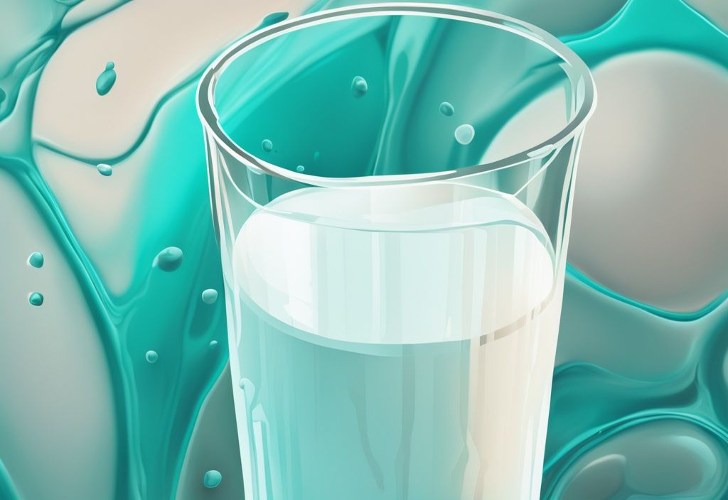 Illustrazione digitale moderna con tema colore teal, primo piano di un bicchiere di latte con overlay trasparente che mostra una vista ingrandita della sua struttura, indicando la presenza di proteine del latte e lattosio.