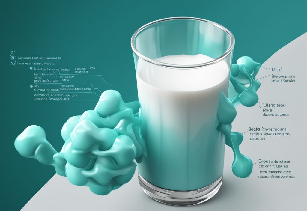 Illustrazione digitale moderna con tema principale in teal, diagramma 3D della struttura delle proteine del latte con indicazioni sui componenti del lattosio.