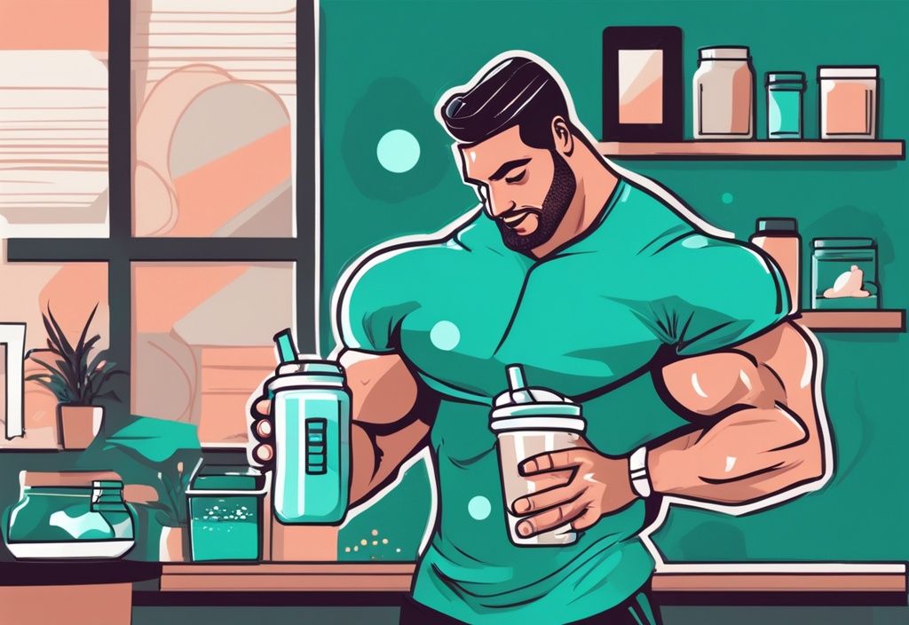 Illustrazione digitale moderna di una persona muscolosa che prepara un frullato proteico, con un'infografica che mostra le quantità di proteine necessarie per aumentare la massa muscolare, tema colore teal.