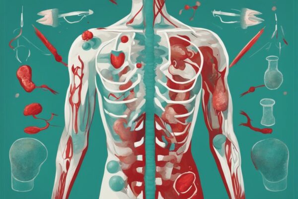 Illustrazione digitale moderna di un corpo umano stilizzato con organi interni visibili, frecce che indicano il flusso di proteine e simboli di avvertimento rossi che evidenziano le aree colpite da proteine totali basse cause.