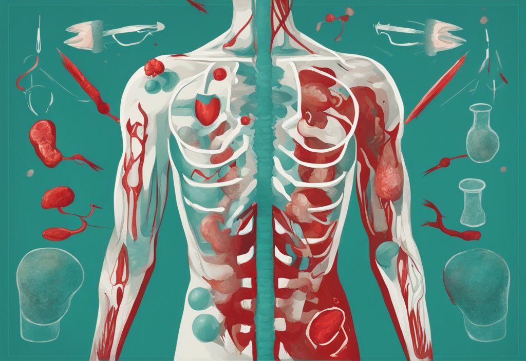 Illustrazione digitale moderna di un corpo umano stilizzato con organi interni visibili, frecce che indicano il flusso di proteine e simboli di avvertimento rossi che evidenziano le aree colpite da proteine totali basse cause.