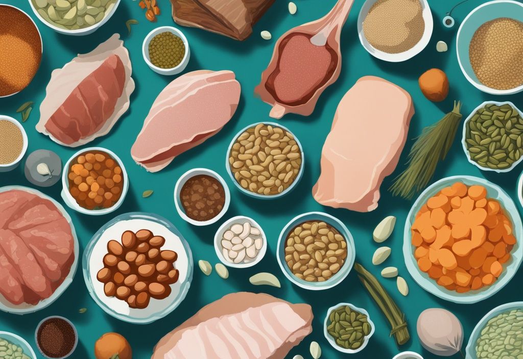 Illustrazione digitale moderna di alimenti ricchi di arginina come petto di tacchino, lonza di maiale, pollo, semi di zucca e soia, con tema di colore principale teal.