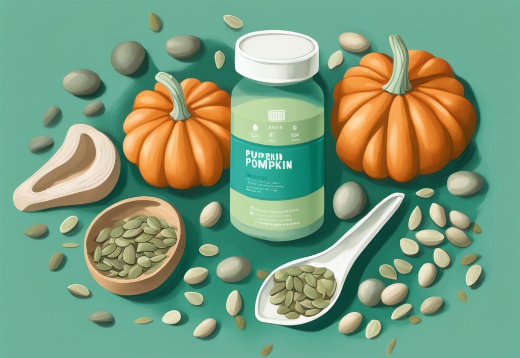 Illustrazione digitale moderna con semi di zucca, muscoli, articoli per il fitness e polvere proteica verde chiaro, tema colore teal.