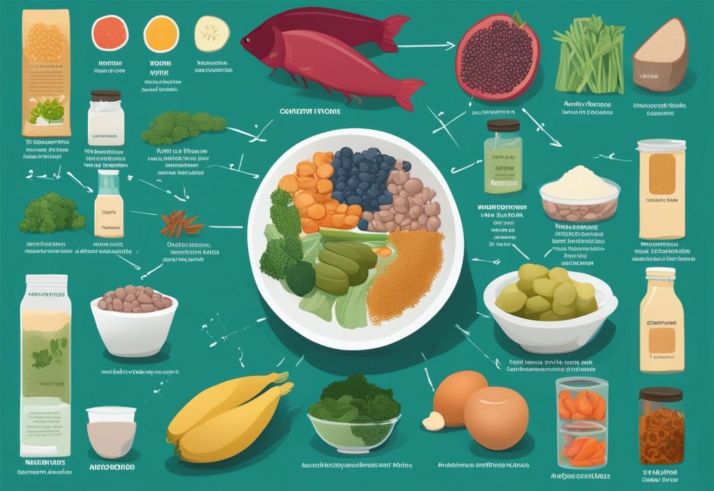 Illustrazione digitale moderna con tema principale color teal, mostrando alimenti ricchi di nutrienti con etichette dei loro contenuti di aminoacidi essenziali, circondati da un'infografica che illustra l'apporto giornaliero raccomandato.