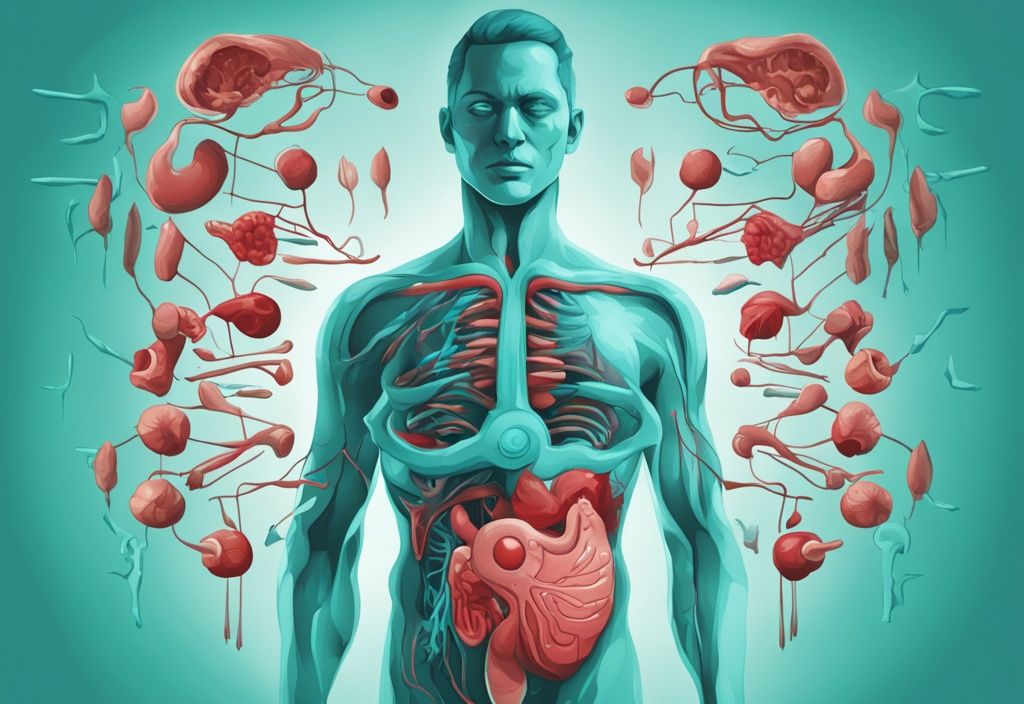 Illustrazione digitale moderna di un corpo umano stilizzato con organi interni visibili, frecce che indicano il flusso di proteine e simboli di avvertimento rossi che evidenziano le aree colpite da proteine totali basse cause.