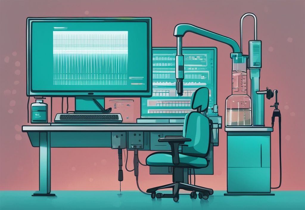 Illustrazione digitale moderna di un laboratorio con il processo di Elettroforesi Delle Sieroproteine su un monitor, tema principale colore teal.