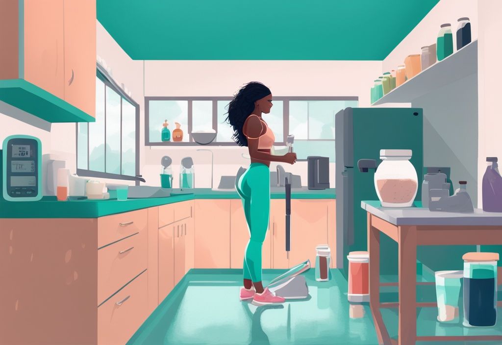 Illustrazione digitale moderna di una donna in cucina mescolando polvere proteica in uno shake, con bilancia e attrezzi da palestra sullo sfondo, tema colore principale teal.