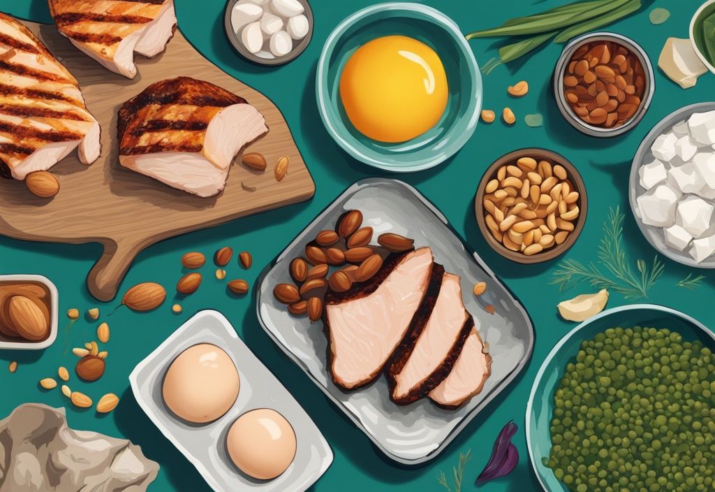 Illustrazione digitale moderna con tema principale color teal che mostra una varietà di alimenti proteici magri come petto di pollo alla griglia, tofu, pesce, uova, legumi e noci, organizzati ordinatamente su un tavolo di legno.