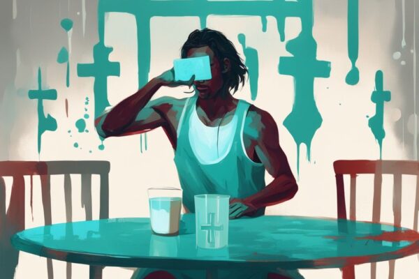 Illustrazione digitale moderna con tema principale color teal: persona stressata seduta a un tavolo da pranzo che spinge via un bicchiere di latte con un segno di croce chiaro, simbolo di intolleranza proteine del latte.