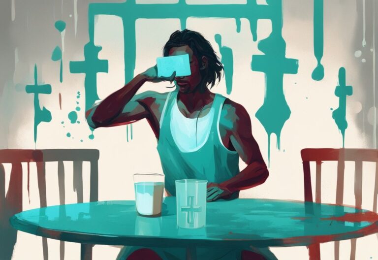 Illustrazione digitale moderna con tema principale color teal: persona stressata seduta a un tavolo da pranzo che spinge via un bicchiere di latte con un segno di croce chiaro, simbolo di intolleranza proteine del latte.