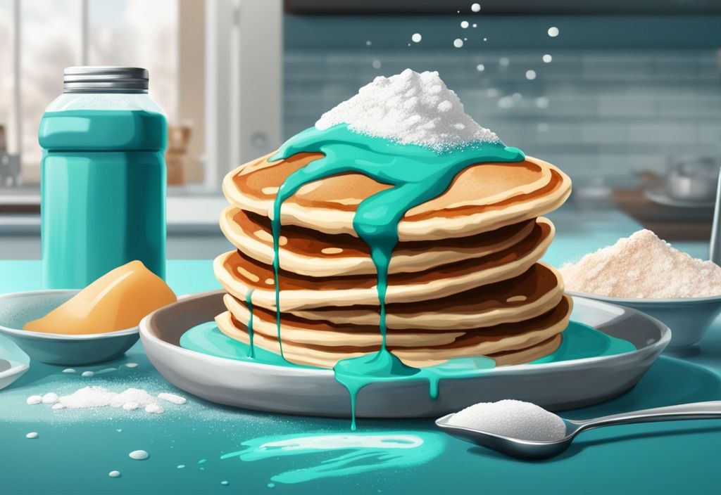 Illustrazione moderna di pancake con proteine in polvere su un bancone da cucina elegante, con un misurino di proteine in polvere e uno shaker.