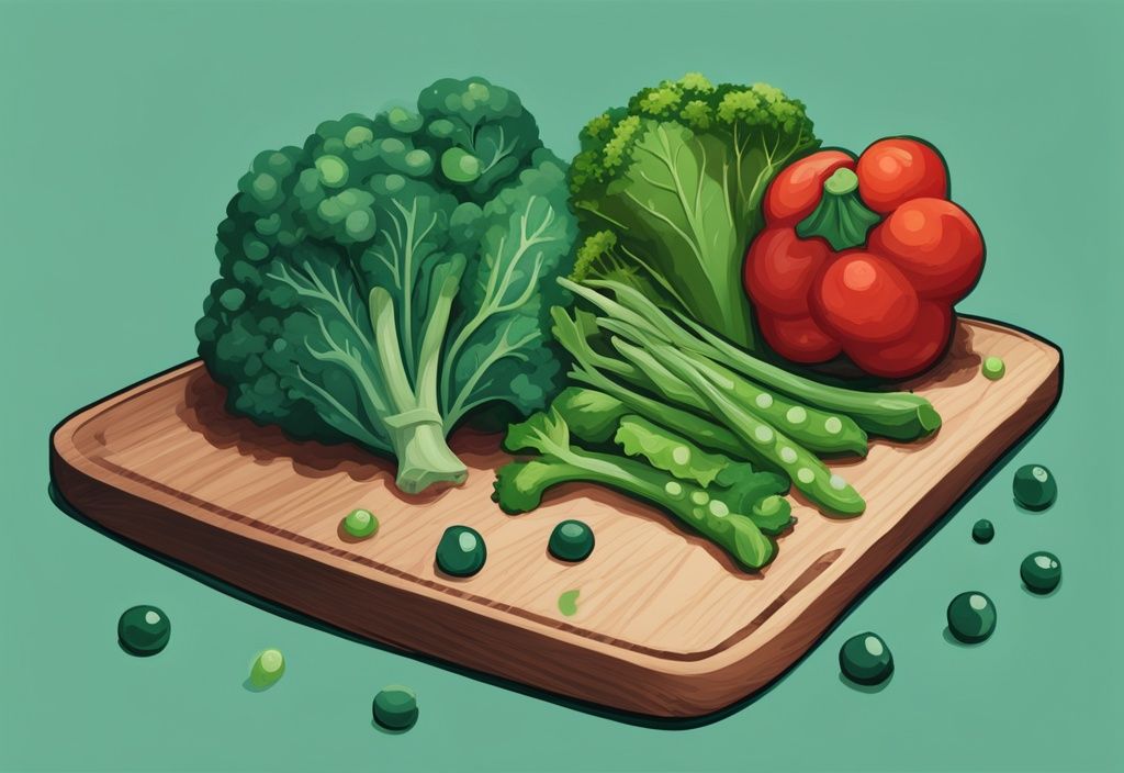 Illustrazione digitale moderna con tema principale color teal, verdure ad alto contenuto proteico come spinaci, broccoli e piselli disposte ordinatamente su un tagliere di legno.