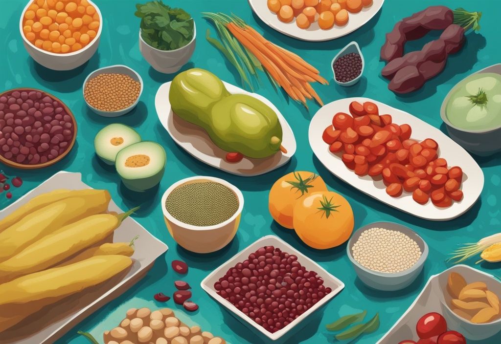 Illustrazione digitale moderna con tema principale color teal, che mostra una varietà di alimenti a basso contenuto proteico disposti su un tavolo, inclusi frutta fresca, verdure, cereali e legumi.