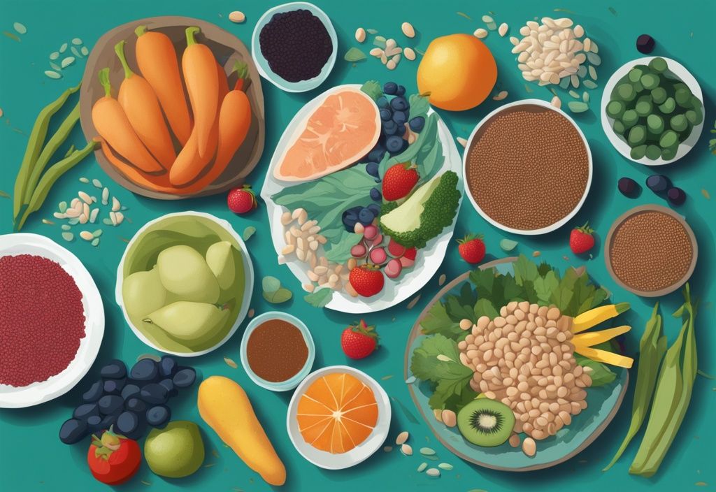 Illustrazione digitale moderna di cibi a basso contenuto proteico su tavola, con frutta fresca, verdure, cereali e legumi, tema colore teal