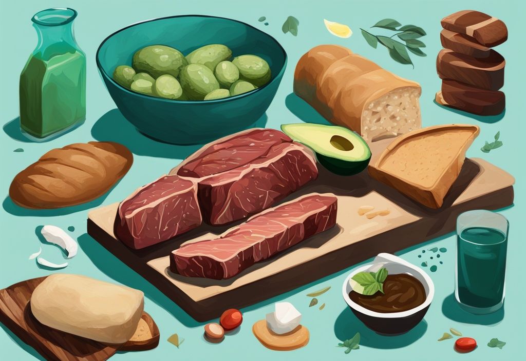 Illustrazione moderna di pittura digitale con cibo: bistecca, pane e avocado, rappresentanti proteine, carboidrati e grassi, tema colore teal