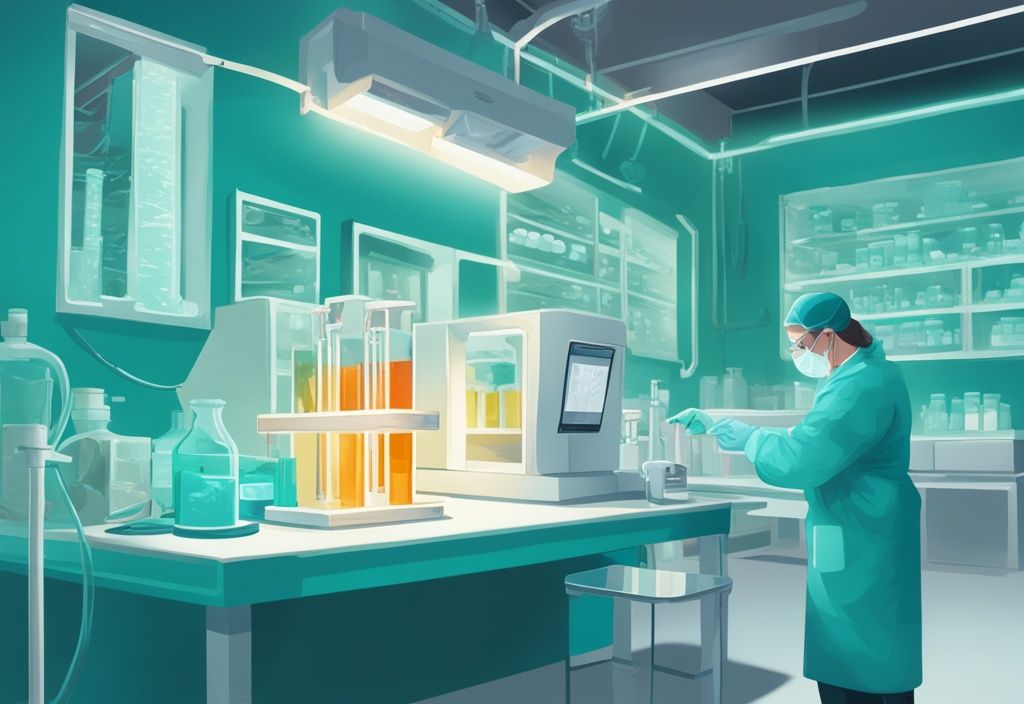 Illustrazione digitale moderna di un laboratorio con campione di proteina caricato in un gel per proteine elettroforesi delle S, tema colore teal.