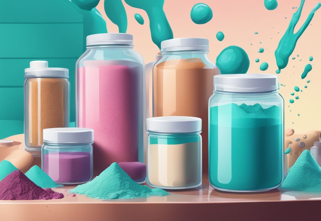 Illustrazione digitale moderna che mostra il processo di produzione delle proteine in polvere, dai materiali grezzi al confezionamento, con il tema principale di colore teal, evidenziando come sono fatte le proteine in polvere.