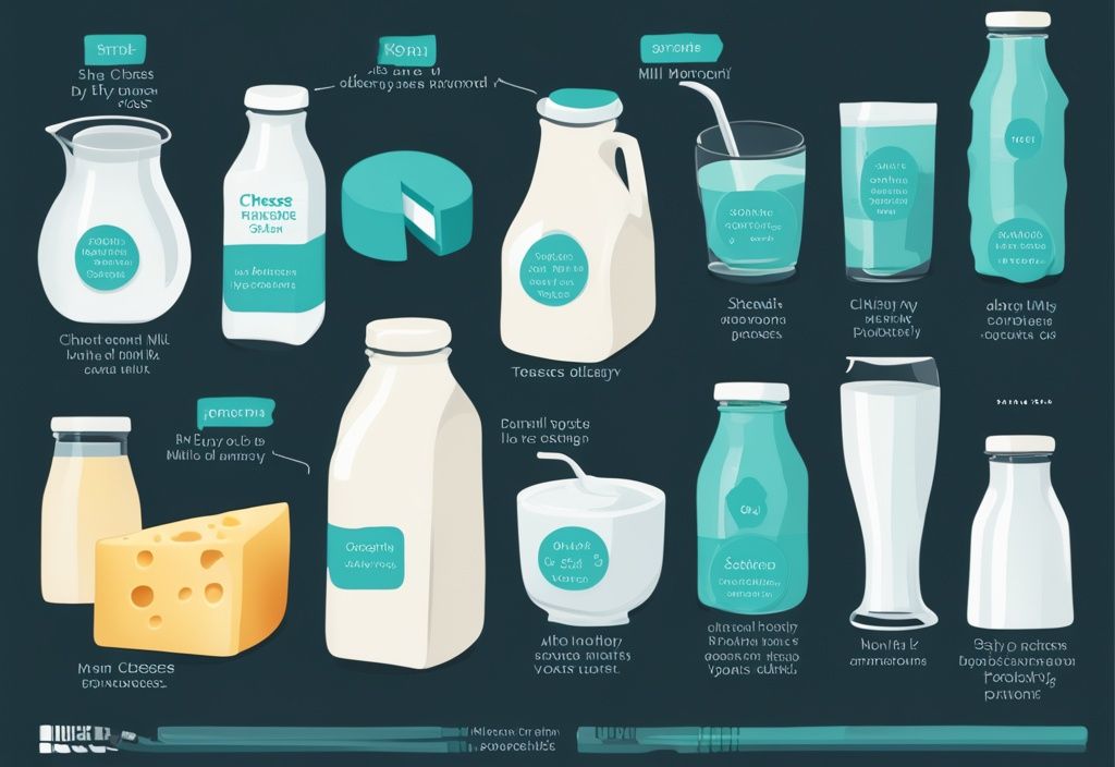 Illustrazione digitale moderna con tema principale color teal, infografica su fonti proteiche del latte, sia latticini che non, come formaggio, yogurt, latte di soia e mandorla, con indicazioni grafiche del contenuto proteico.