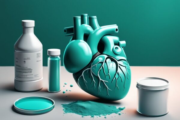 Illustrazione digitale moderna con tema principale color teal, contenitori di proteine in polvere fanno male al cuore disposti attorno a un cuore umano 3D.