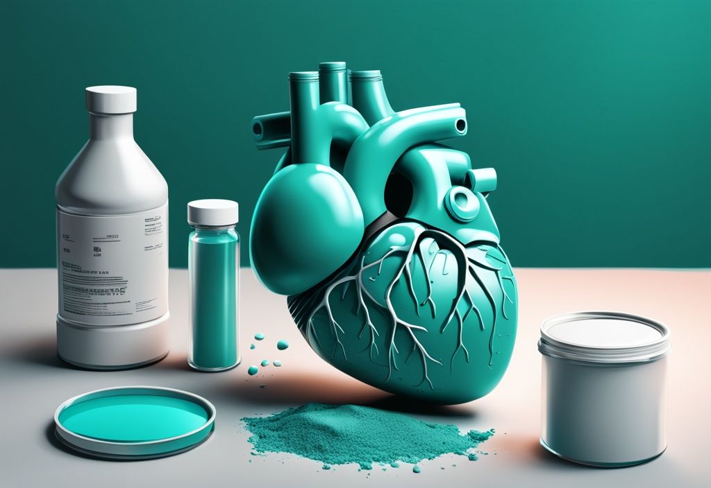 Illustrazione digitale moderna con tema principale color teal, contenitori di proteine in polvere fanno male al cuore disposti attorno a un cuore umano 3D.