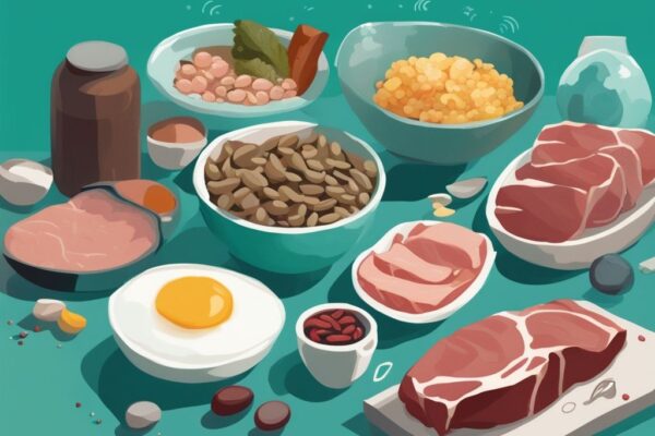 Illustrazione digitale moderna con tema principale color teal, che mostra alimenti ad alto contenuto proteico come carne, uova e fagioli con numeri che indicano la quantità di proteine, accanto a una persona che fa attività fisica, per rispondere alla domanda quante proteine assumere al giorno.